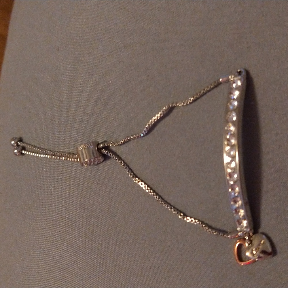 Mother Daughter Silvertone White Stones Silvertone Bar. Pulls Together to Size.